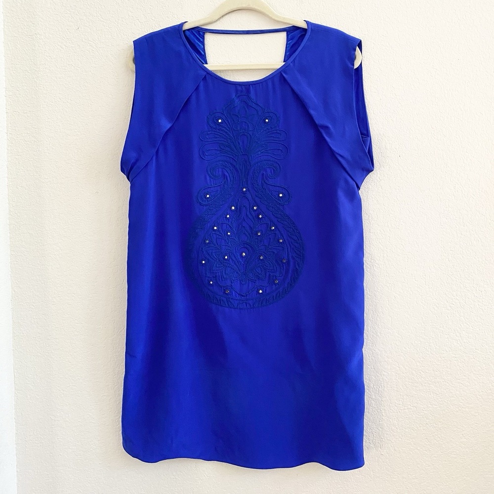 Anthropologie TIBI Dress Cobalt Blue‎ 4 Silk Beaded Shift Short Sleeve V Back